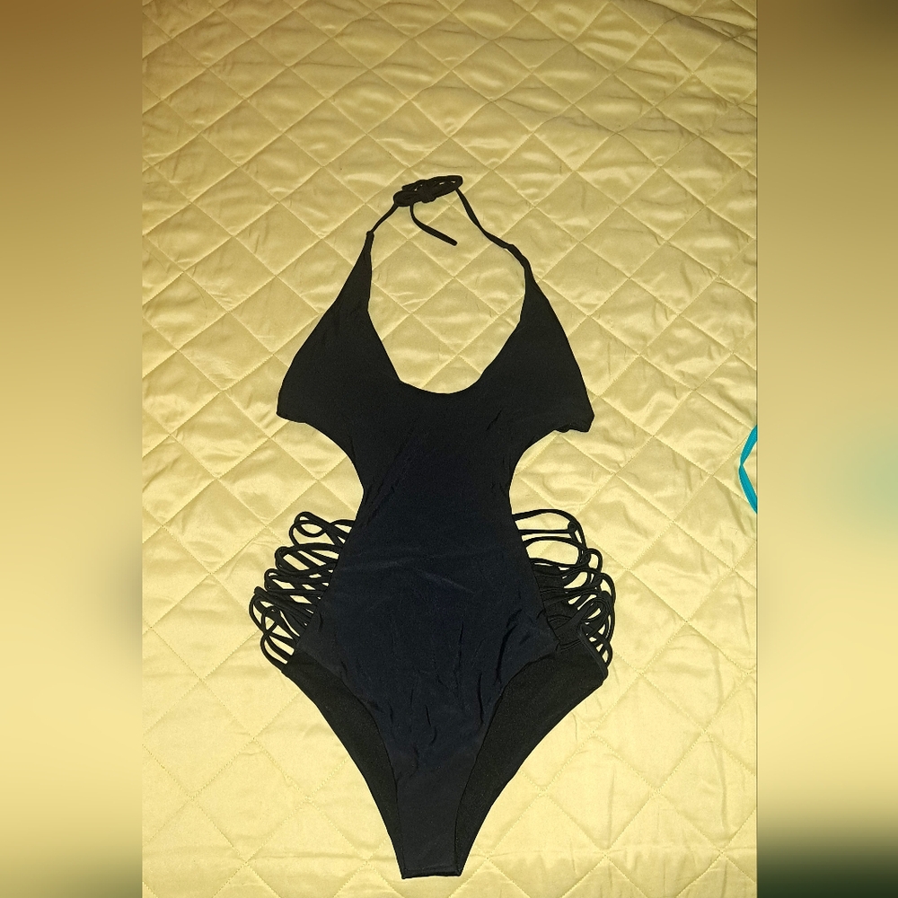 Black One Piece Swimsuit with Halter Neck and Cut-Out Sides